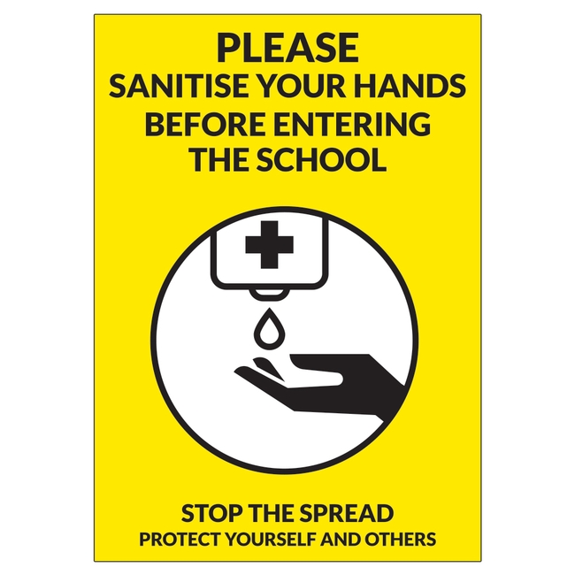 COVID-19 School Please Sanitise Your Hands Before Entering The School Sign Yellow